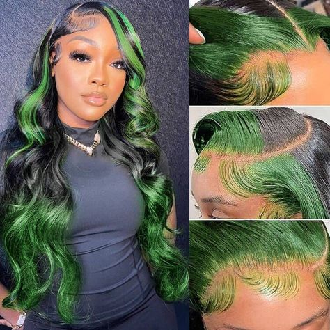 PRICES MAY VARY. 🌈【Hair Material】: Black Green Ombre Lace Front Wig for Black Women, 100% Brazilian Remy Virgin Human Hair Frontal Wig Body Wave, Super Soft & Bouncy,No Shedding and Tangle. 🌈【13X4 Frontal Wig】: The Large Hand Woven Area of 13x4 Inch Lace, Ear to Ear Transparent Lace Front Wigs Pre Plucked Hairline with Baby Hair, Which Allows More Freedom with Side or Middle Part, C Part, Ponytail As You Like . 🌈【Highlight Green Wig】: Highlight Green Lace Front Human Hair Wig with Streaks, Bl Hair Skunk Stripe, Frontal Wig Body Wave, Skunk Stripe, Ombre Lace Front, Green Wig, Ombre Lace, Ombre Wigs, Love Your Hair, Black Wig