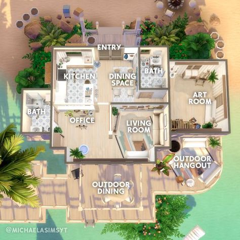 Michaela Sims | Sims 4 Builder ✨🇨🇿 on Instagram: "And now the floor plan of my Cozy Beach Home ☀️ I had a blast working on this tropical home for a commission, pairing light neutral colors, light wood, and blue accents together and creating a cozy outdoor space! 🩵  ☀️ Sulani ☀️ 30x20 ☀️ $79,141  ☀️ Origin ID: michaelasimsyt ☀️ Speed build on my YT channel, link in bio ________________ 🏷  the sims 4 | the sims 4 house | the sims 4 ideas | sims 4 speedbuild | sims 4 exterior  Game: @thesims | #thesims #thesims4 #sims4 #showusyourbuilds #ts4 #sims4build #simstagram #simsbuild" Sims Beach House Floor Plans, Sims 4 Beach House Floor Plans, Sims 4 Sulani House Plan, Sulani Homes Sims 4, Beach House Floor Plan, Sims 4 Beach House, Cozy Beach House, Beach House Floor Plans, Sims 4 House