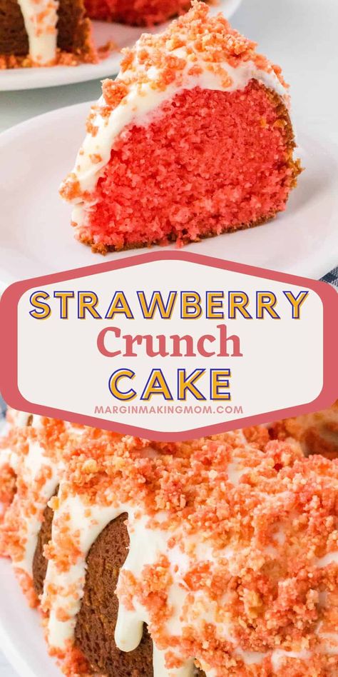 This strawberry crunch pound cake recipe is a homemade treat that's easy to whip up, yet feels quite decadent and impressive. Bundt cakes make great potluck desserts for a crowd, and this is no exception! Strawberry Crunch Pound Cake, Crunch Pound Cake, Strawberry Crunch Cake Recipe, Bunt Cake Recipe, Oreo Crunch, Easy Bundt Cake Recipes, Strawberry Crunch Cake, Easy Bundt Cake, Strawberry Crunch