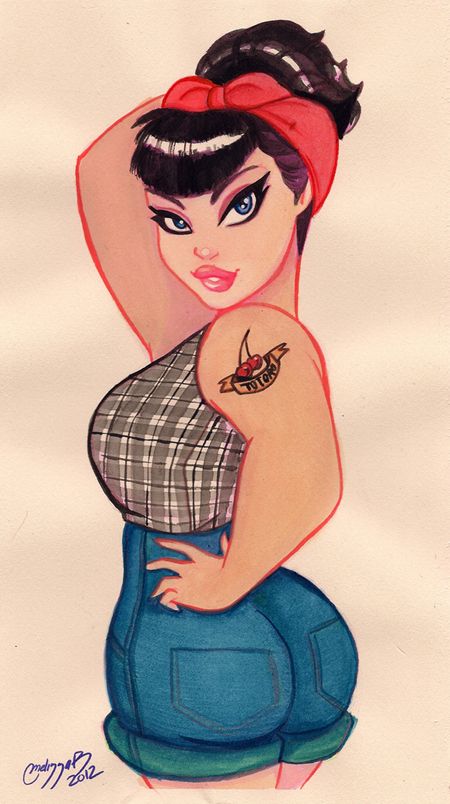 @Jennifer-Boof Green - turn this into a redhead and I think it's a super cute pinup tattoo idea for you! Stile Pin Up, Pin Up Girl Tattoo, Arte Pin Up, Plus Size Art, Pinup Art, Tattoo Girls, Pin Up Tattoos, Rockabilly Pin Up, Girl Tattoo