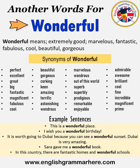 Another word for Wonderful, What is another, synonym word for Wonderful? Every language spoken around the world has its own characteristics. When learning a new language, it will be very useful to learn words for that language. In addition, in a language learning process, learning the words together with their synonyms will be even more useful when memorizing words. Learning a word with its synonyms increases our competence in that language. It helps us speak more fluently and clearly. +800 ... Like Synonyms Words, Synonyms For Wonderful, Synonyms For Nice, Synonyms For Say, Synonyms For Great, Aspiring Lawyer, English Meaning, Word Association, Happy Learning