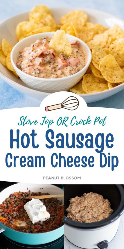 This awesome sausage cream cheese dip can be made in a skillet or in a Crockpot for a hearty appetizer for a football party or holiday open house. Serve with salty tortilla chips for dunking. You can keep the appetizer hot on the buffet table for hours if you keep it warm in a slowcooker. Spicy Sausage Dip, Sausage Cream Cheese Dip, Cheese Dip Crock Pot, Sausage Cream Cheese, Dip Recipes Hot, Cream Cheese Recipes Dip, Sausage Dip, Crock Pot Dips, Cream Cheese Dip