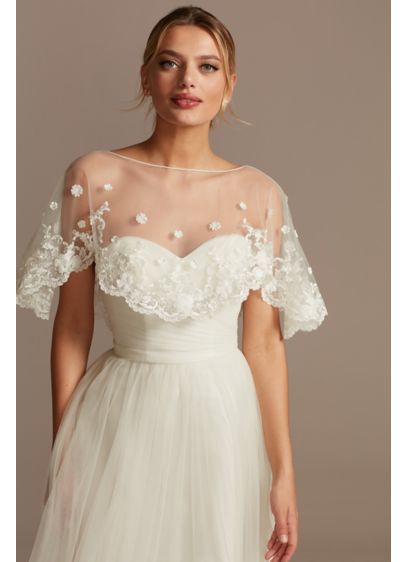 Scalloped Punch Flower Applique Tulle Capelet OW2143 Wedding Dress Capelet, After Wedding Dress, Lace Capelet, Bridal Capelet, Tulle Cape, Simple Wedding Gowns, Wedding Dress Accessories, Wedding Guest Dress Summer, Necklines For Dresses