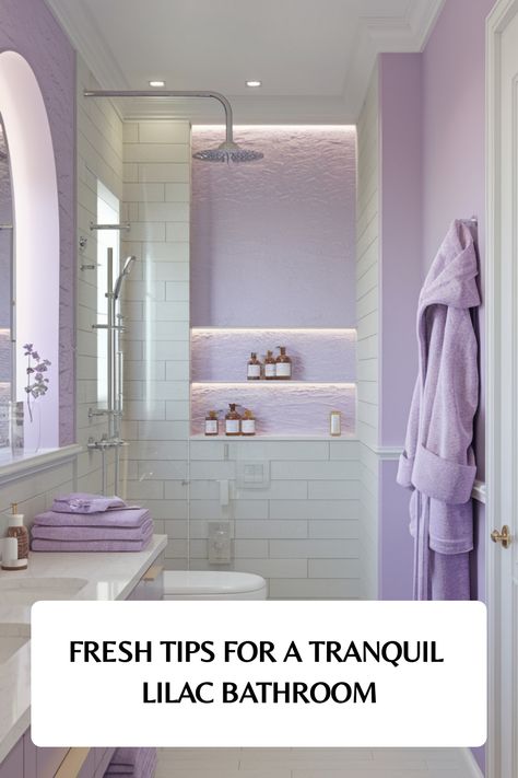 Tranquil lilac bathroom with towels, toiletries, and illuminated shelves. Lilac Bathroom Decor, Lilac Bathroom Ideas, Sandy Bathroom, Marble Bathroom Ideas, Lilac Bathroom, Lilac Walls, Kitchen Flooring Trends, Lilac Decor, Kitchen Tile Inspiration