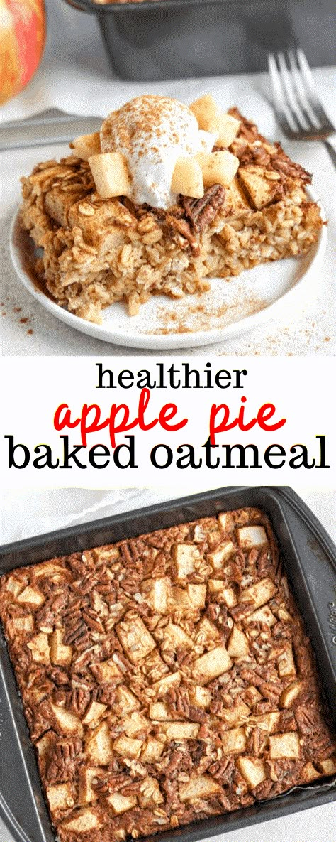 Get ready for fall with this apple pie baked oatmeal! Made with rolled oats, diced apples, cinnamon, and maple syrup for sweetness, this baked oatmeal is perfect for those cooler mornings. #erinliveswhole #bakedoatmeal #applepie #fall #easybreakfast Apple Pie Baked Oatmeal, Eoe Recipes, Oats Meal, Erin Lives Whole, Baked Apple Oatmeal, Healthy Apple Pie, Flax Eggs, Oatmeal Bake, Apples Cinnamon