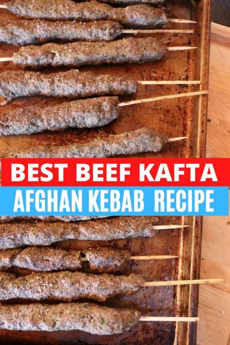 Looking to learn how to make one of the best authentic Afghan dishes? Kabob, Kafta, Kofta and Kefta is an ancient Arabic food featuring ground meat flavoured with fresh herbs and spices. Our easy traditional Beef Kebab recipe can be grilled or baked on skewers over a barbecue or in the oven and served with a healthy salad or Middle Eastern dips like hummus and tahini. If you're looking to serve Afghan food for a crowd, we've got you covered! Afghan Ground Beef Recipes, Lebanese Kefta Recipe, Baked Kafta Recipe, Beef Kafta In Oven, Beef Kafta Recipe, Ground Beef Kabobs In Oven, Ground Beef Kabob Recipes, Beef Skewers In Oven, Beef Kafta Kabob Recipe