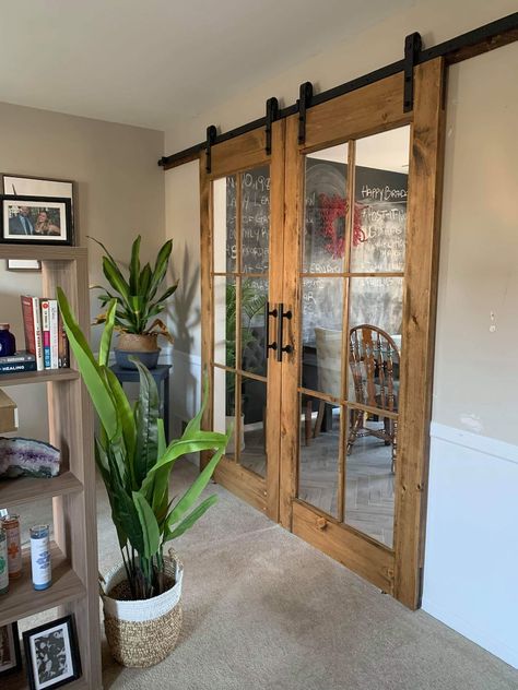 LittlePhillyWoodShop - Etsy Barn Doors With Glass Panels, Bathroom Barn Doors, Glass Sliding Doors, Stained Doors, Barn Door Designs, Glass Barn Doors, Glass Panel Door, Casa Vintage, Kitchen Remodel Before And After