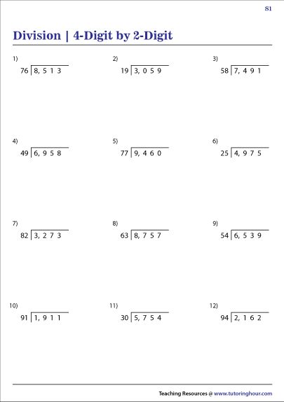 4-Digit by 2-Digit Division Worksheets Division Worksheets Grade 4, Grade 6 Math Worksheets, Addition Flashcards, Long Division Worksheets, Numbers Worksheets, 4th Grade Math Worksheets, Grade 6 Math, Long Division, Division Worksheets