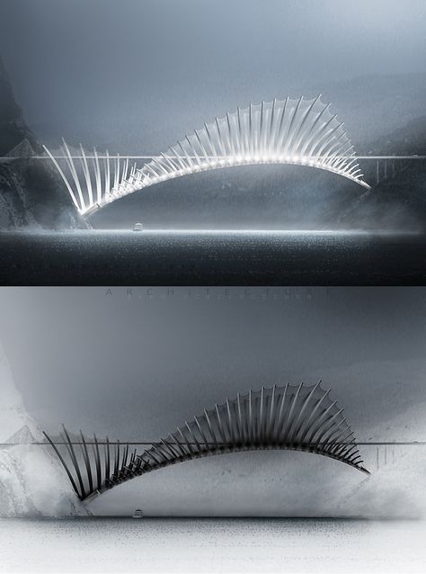 Flying Fish Bridge | Fish dorsal fin structure, over 1000 meter long Bridge concept project. Xray / facade view  by Sako Tchilingirian Fish Architecture, Bridge Concept Art, Fish Structure, Flying Architecture, Bridge Concept, Fish Fins, Bridges Architecture, Fish Fin, Bridge Structure