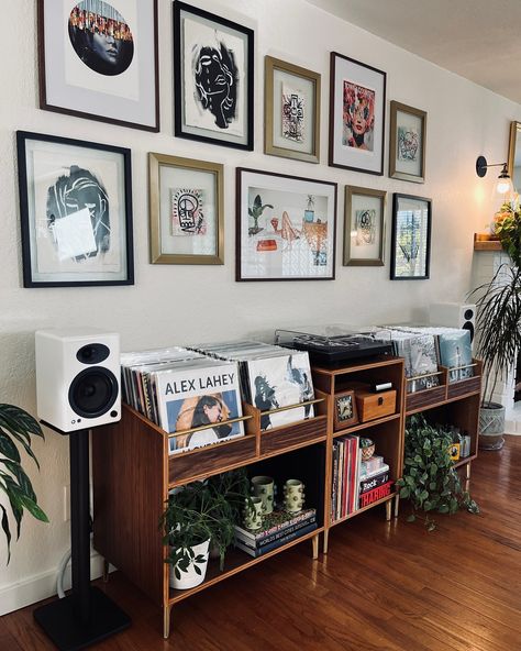 Another shot from @lukegabrieli Bought 3 units? Bought 1? Send us a photo of your setup, we love to see them all! #recordconsole #records #vinyl #mcm #midcenturymodern #furniture #walnut #recordcabinet #bohemian #vinylcabinet #recordstorage #recordstorage #music #lp #fyp #recordcollection #vinylcollection #homedecor #design #midcentury #alexlahey Photo Frame Display Ideas, Apartment Vinyl Record Collection, Records Display Ideas, Vinyl Record Bookshelf, Boho Music Living Room, Record Hanging Ideas, Turntable Setup Ideas, Vinyl Display Aesthetic, Mid Century Modern Recording Studio