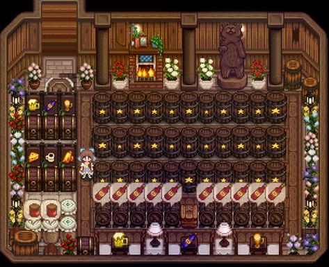 Cellar Design Stardew Valley, Stardew Coop Interior, Stardew Valley Fair Grange Display, Stardew Basement Ideas, Wine Cellar Stardew Valley, Stardew Monster Farm Layout, Cellar Layout Stardew, Basement Stardew Valley, Stardew Wine Cellar