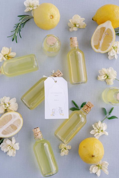 Lemons and Limoncello Delighted Guests at this Wedding in Naples, Florida Italian Wedding Favours, Lily Of The Valley Wedding Bouquet, Limoncello Wedding, Limoncello Favors, Wedding Lemon, Lemon Themed Wedding, Floral Embroidered Gown, Ballroom Wedding Reception, Lemon Wedding