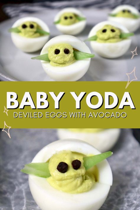 Planning a Star Wars party? Make these adorable Baby Yoda deviled eggs with avocado! This is the way. Halloween Themed Deviled Eggs, Star Wars Deviled Eggs, Baby Yoda Deviled Eggs, Yoda Deviled Eggs, Cute Deviled Eggs, Alien Appetizers, Dinosaur Deviled Eggs, Avocado Deviled Eggs Recipe, Halloween Deviled Eggs