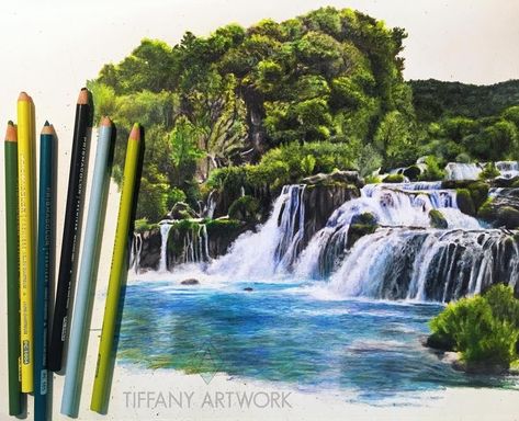 The ability to layer colors makes the Prismacolor Premier® Colored Pencils Landscape Set an ideal tool for illustrating landscapes like… Colour Pencil Art Landscapes, Pencil Colour Painting, How To Draw Water, Pencil Sketches Landscape, Waterfall Drawing, Draw Water, Landscape Pencil Drawings, Pencil Drawings Of Flowers, Color Pencil Sketch