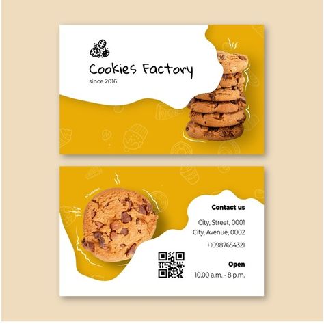 Card Branding Design, Face Cookies, Cookie Factory, Food Business Card, Restaurant Business Cards, Bakery Business Cards, Food Cards, Double Sided Business Cards, Graphic Design Business Card