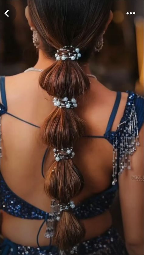 Pony Hairstyle On Lehenga, Ponytail Hairstyles Traditional, Dupatta Drapping Style On Chaniya Choli, Choti Hairstyle With Gota, Jago Hair Styles Punjabi, Trendy Bridal Hairstyles, Hairstyle With Suit, Plats Hairstyles, Glow Wedding