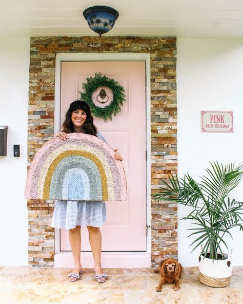 Rainbow Doormat, Doormat Diy, Rainbow Door, Paint Door, Boho Rainbow Classroom, Door Mat Diy, Make A Rainbow, Painted Decor, Domestic Bliss