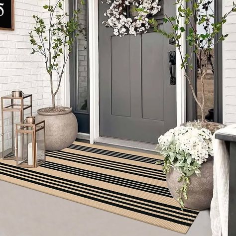 Amazon.com: Sungea Striped Outdoor Front Door Mat 24"x51", Cotton Hand Woven Washable Black and Khaki Rug Runner, Reversible Foldable Indoor Layered Front Door Rugs for Entryway/Farmhouse/Home Entrance : Home & Kitchen Rug Under Welcome Mat, Blue House Porch Decor, Double Door Entryway Rug, Entry Mat Outdoor, Outdoor Front Door Decor, Layering Front Door Mats, Layered Welcome Mat Front Door, Front Door Mats Layered, Townhouse Front Door