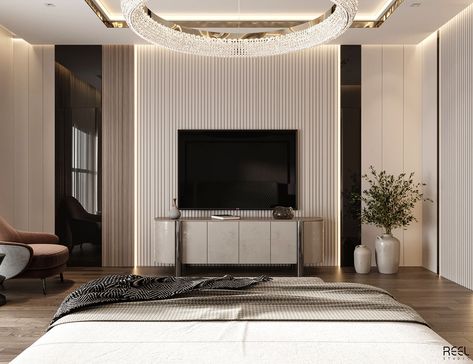 Bedroom on Behance Unique Tv Panel Design, Led Panel Design Bedroom, Neo Classic Interior Design Luxury, Tv Lounge Design, Lcd Design, Classic Interior Design Luxury, Lounge Designs, Lcd Unit, Lcd Wall