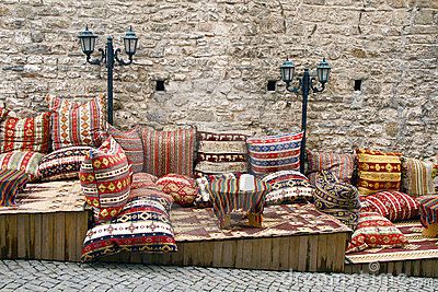 Turkey authentic street cafe by Halil I. Inci, via Dreamstime Turkish Outdoor Seating, Turkish Seating, Comfy Cafe, Cafe Chill, Turkish Cafe, Printed Pillows, Turkish Decor, Cafe Seating, Chill Zone