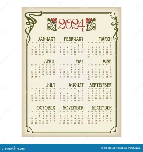 Towel Pics, Holidays Illustration, Art Nouveau Frame, Calendar Art, Vintage Calendar, 2024 Calendar, Calendar Design, Year 2024, Screen Savers