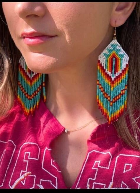 Tribal Earrings Native Large Boho American Seed Beads Handmade Earring Large Beaded Earrings, Turquoise Beaded Earrings, Flag Earrings, Native American Beadwork Patterns, Beautiful Beaded Earring, Seed Bead Jewelry Patterns, Large Dangle Earrings, Beaded Jewelry Earrings, Beaded Earrings Native