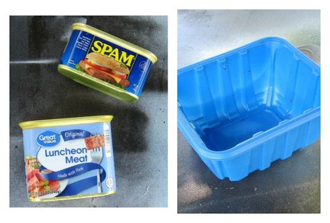 BEFORE Spam Can Crafts, Spam Can Crafts Diy, Laundry Container Upcycle, Upcycle Containers Repurposed, Upcycle Laundry Detergent Containers, Repurpose Oatmeal Container, Upcycle Formula Containers, Upcycle Plastic Protein Containers, Cover Plastic Margarine Containers With Decoupage