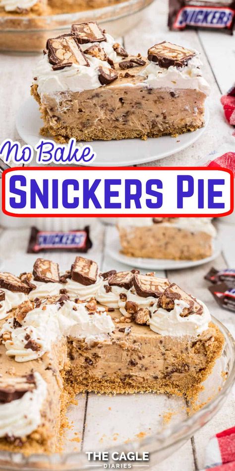 This no bake Snickers Pie is a delicious treat you'll be wanting again and again. It's rich and pretty enough to be made for any special occasion but easy enough to whip up any time. Like a no bake cheesecake, this dessert is creamy and decadent. Snickers Pie, Dinner Pasta, Vegetarian Desserts, Easy Pie Recipes, Snickers Bar, Cookies Baking, Cold Desserts, Easy Pie, Bake Cheesecake