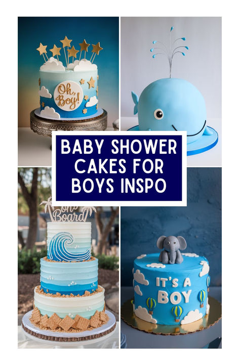 A collage showcasing a variety of boy-themed baby shower cakes with designs such as elephants, waves, and stars, along with text reading "10 Super Cute Boy Baby Shower Cake Ideas." Cake Bear Baby Boy, Baby Shower Cake Ideas For Boys, Cake For Newborn Baby Boy, Baby Boy Shower Cake Ideas, Baby Boy Cake Ideas, Baby Boy Shower Cakes, Baby Boy Shower Cake, Boy Shower Cake, Ocean Baby Shower Theme