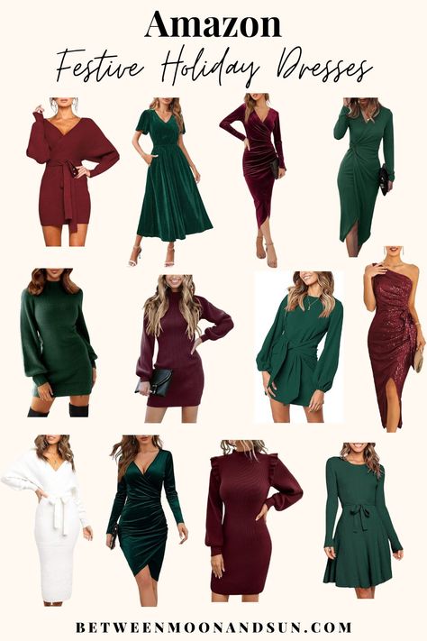 Classy and festive holiday dresses from Amazon for your special moment this season. Find the perfect dress for your Christmas family gathering, New Year's Eve, or the company Christmas party. Red, green or golden, sparkly or formal and modest - here you can find a dress for every need. #HolidayDress #ChristmasOutfit #ChristmasParty #FestiveDress Office Christmas Party Dresses, Christmas Party Dress Work Semi Formal, Winter Christmas Outfits Party Dresses, Christmas Work Party Dress, Holiday Modest Outfits, Husbands Work Christmas Party Outfit, Christmas Outfit For Church, Semi Formal Christmas Party Outfit Women, Christmas Mass Outfit Catholic