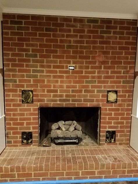 Remove or Cover Up Old Heatilator Vents | Hearth.com Forums Home Removing Hearth From Fireplace, Heatilator Fireplace Remodel, Fireplace With Vents In Brick, Covering Brick Fireplace, Wood Burning Fireplace Makeover, Old Fireplace Ideas, Removing Fireplace, Redo Fireplace, Fireplace Cover Up