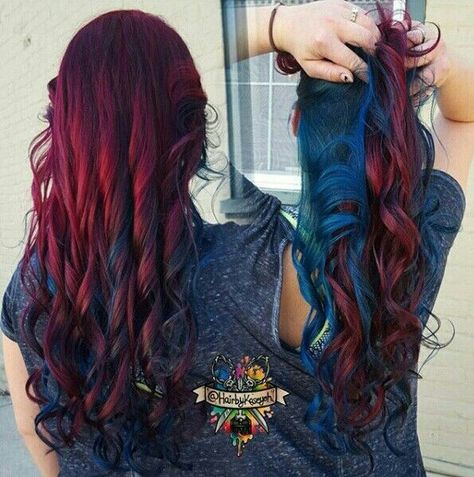 Burgundy Hair With Teal Highlights, Burgundy Blue Hair, Burgundy Hair With Blue Highlights, Red And Blue Balayage Hair, Jewel Tone Highlights, Blue And Burgundy Hair, Burgundy And Teal Hair, Red To Blue Ombre Hair, Red And Blue Hair Color