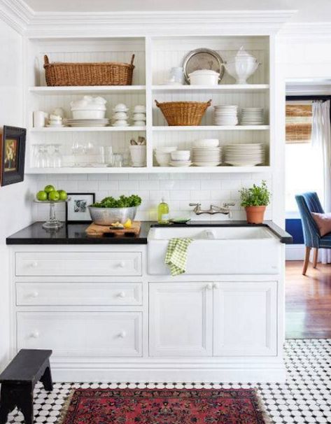 Open Shelving Ideas For Your Kitchen - Classic Casual Home Open Kitchen Cabinets, Cottage Kitchen Design, Small Cottage Kitchen, Open Kitchen Shelves, Tiny House Kitchen, Cottage Kitchens, Kitchen Farmhouse, House Design Kitchen, Cabinets Kitchen