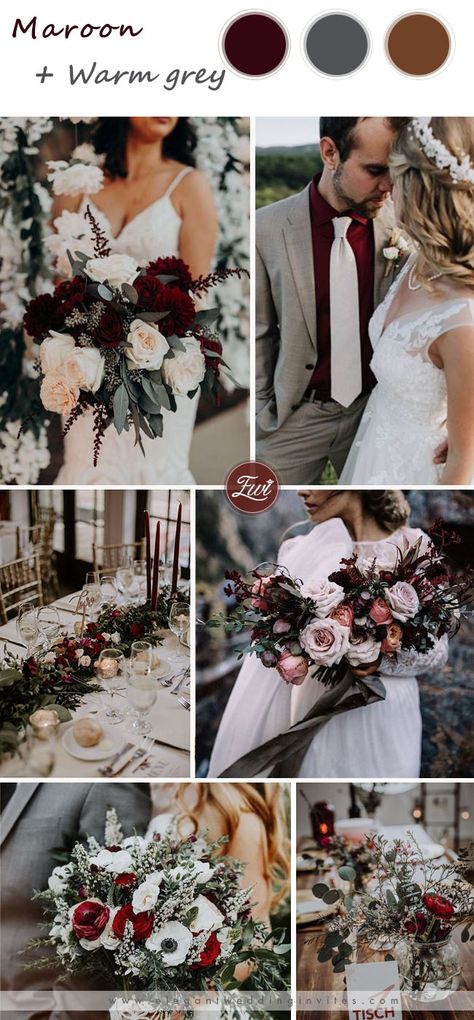 maroon and grey wedding color ideas for fall wedding Maroon And Gray Wedding Theme, Maroon Gray Wedding, Maroon Color Wedding Theme, Boho Maroon Wedding, Wedding Color Maroon, Maroon And Grey Wedding Theme, Grey Wedding Color Schemes, Gray And Maroon Wedding, Maroon And Grey Wedding