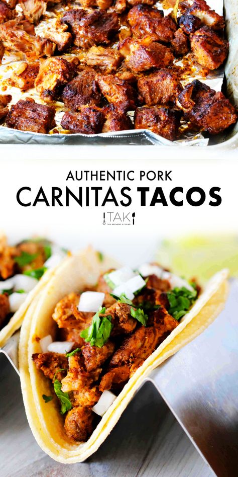 Carnitas Taco Recipe, Authentic Carnitas Tacos, Baja Pork Tacos, How To Cook Carnitas, Mexican Food Pork Recipes, Carnitas Burrito Recipe, Crispy Carnitas Tacos, Carnitas Recipe Authentic, Crispy Pork Carnitas