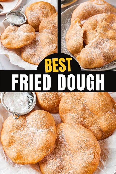 This fried dough recipe is so easy to make and tastes like it's straight from the fair! The fried dough is super crispy and crunchy on the outside, while being light and airy on the inside. Fried Yeast Rolls, Fried Doughnuts Recipe, Easy Fried Donuts Recipes, Breakfast Dough, Doughboy Recipe, Dough Recipe No Yeast, Easy Dough Recipe Simple, Easy Fried Food Recipes, Biscuits Dough Recipes