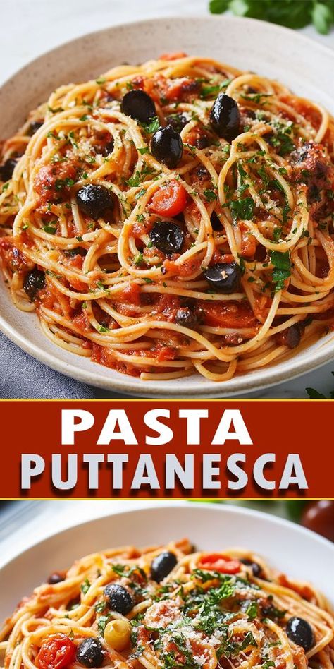 Pasta Puttanesca Ingredients: 1/4 cup extra-virgin olive oil 4 cloves garlic, smashed 4 anchovy fillets, chopped 1 (28-oz.) can diced tomatoes 1/2 cup kalamata olives, pitted 1/4 cup capers 1/2 tsp crushed red pepper flakes Kosher salt to taste 1 lb spaghetti Freshly grated Parmesan, for serving #pasta #easyrecipes Olive Oil Tomato Pasta, Pasta Puttanesca Recipe Authentic, Olive Oil Pasta Recipes, Pasta With Kalamata Olives, Olive Oil Pasta Sauce, Kale Pasta Recipe, Puttanesca Pasta, Spaghetti Puttanesca, Chicken Puttanesca