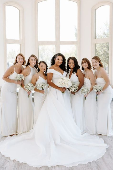 White Bridal Party Dress, All White Wedding Bridesmaids, All White Bridesmaid Dresses, All White Bridal Party, White Bridesmaids Dresses, Bridesmaids In White, White Bridesmaid Dress, White Bridal Party, Bridesmaids Photo