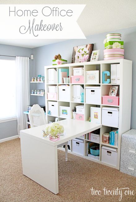 Bright and feminine home office makeover on a budget. Home Office Makeover, Ikea Office, Shabby Home, Dream Craft Room, Craft Room Design, Scrapbook Room, Office Makeover, Office Crafts, Craft Room Storage