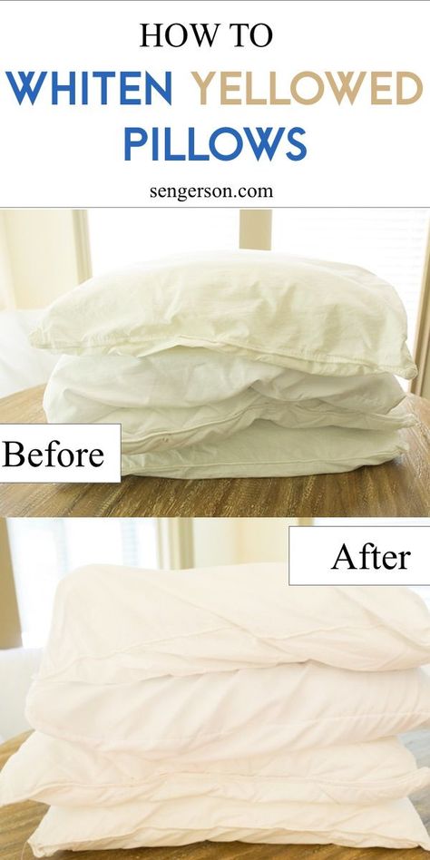 If your white pillow cases have gone yellow, these are easy ways to wash your pillows to make them whiter! Over the course of time, pillows can get yellowed and stained. When this happens, there's luckily a way to bring them back to their former clean and white glorey. These tips will help you do just that! #whitenpillows #cleanpillows #launderpillows How To Make Pillows White Again, Yellow Pillows Clean, Wash Feather Pillows, Pillows To Make, Yellow Pillow Cases, Remove Yellow Stains, White Pillow Cases, Wash Pillows, How To Clean Pillows