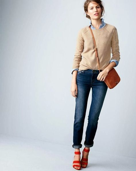 Jcrew Style Inspiration 2023, Chambray Jeans, Jcrew Style, Camel Sweater, J Crew Style, Jcrew Collection, Tan Sweater, Rolled Sleeves, Work Style