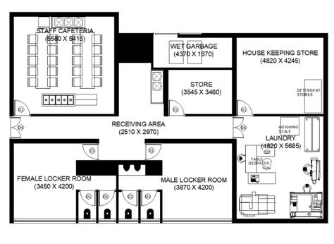 Staff House Design, Staff Accommodation Floor Plans, Staff Area Design, Staff Area Design Office, Locker Room Floor Plan, Staff Locker Room, Office Mail Room, Staff Room Design, Multi Purpose Room