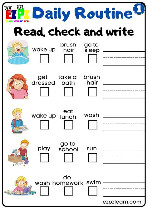 Daily Routines Group 1 Read Check and Write Worksheet For K5 and ESL Students Free PDF Download - Ezpzlearn.com Daily Routine Worksheet, Holiday Word Search, Holiday Words, Kindergarden Activities, Wash And Go, Group 1, Tracing Worksheets, Daily Routines, Kids Songs