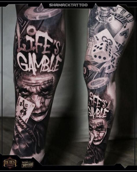 Realism Sleeve Tattoo, Tattoo Casino, Realism Sleeve, Full Leg Sleeve, Joker Card Tattoo, Gambling Design, Cards Tattoo, Leg Sleeve Tattoos, Tattoo Pierna