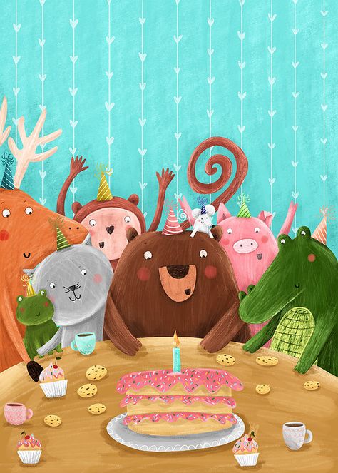 Aleksandra Szmidt - Illustrator Happy Birthday Animals, Birthday Cake Illustration, Cat Themed Birthday Party, Happy Birthday Illustration, Children's Book Characters, Cake Illustration, Birthday Illustration, Birthday Party Tables, Illustration Agency