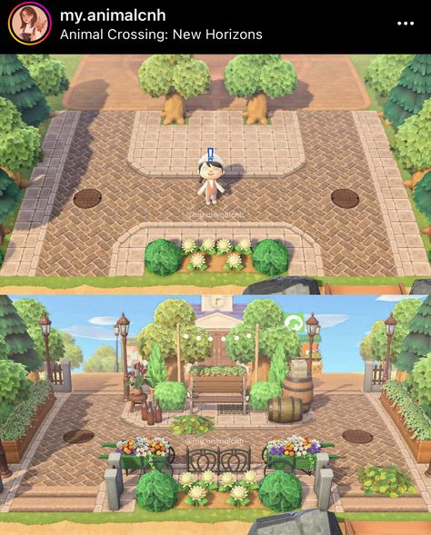 Plaza Acnh Ideas, Acnh Plaza Idea Cottagecore, Plaza Ideas Acnh, Plaza Design Acnh, Acnh Island Builds, Animal Crossing Plaza Path, Achn Ideas Entrance, Plaza Design Animal Crossing, Acnh Plaza Design