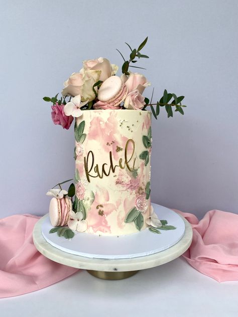 White Pink Green Birthday Cake, Birthday Cake Floral Design, Pink And Gold Floral Cake, Sage Green And Pink Cake Birthday, Flower Cakes Birthday For Women, First Birthday Cake Floral, Pretty Floral Birthday Cakes, Green Pink And Gold Birthday Party Decor, 18th Birthday Cake Aesthetic Pink