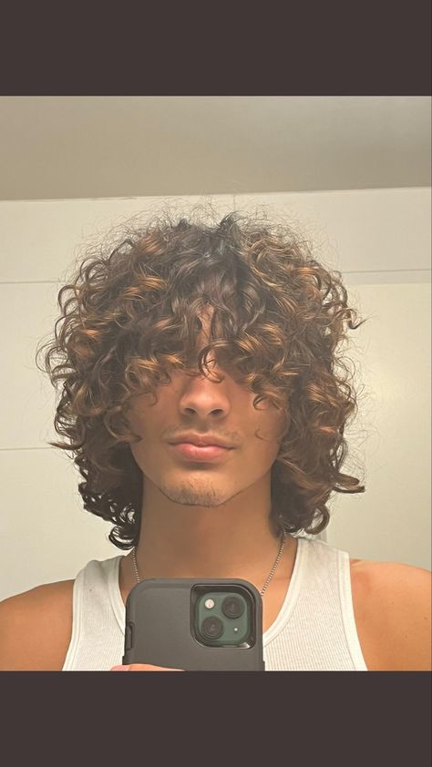 Curly Hair Perm Men, Dyed Curly Hair Ideas Men, Curly Hair Colouring Ideas, Curly Hair Men Wolfcut, Long Curly Hair Highlights Men, Highlighted Hair Men, Men Curly Dyed Hair, Brown Highlights Men, Curly Hair Color Ideas Men