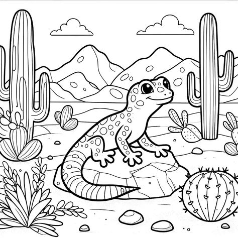 Gecko Coloring Page, Nature Art Painting, Desert Landscape, Colorful Landscape, Desert Landscaping, Wildlife Art, Coloring Book Pages, Gecko, Book Pages