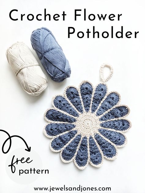 Free Crochet Flower Potholder Pattern | Jewels and Jones Easy Crochet Hot Pads Free Pattern, Crochet Flower Potholders Free Patterns, Crochet Granny Square Pot Holders, Crochet For Kitchen Ideas, Vintage Pot Holders, Crochet Flower Dishcloth Pattern Free, Crochet Pot Holders Free Pattern Vintage, Crochet Flower Hot Pads Free Pattern, Pot Holders Crochet Pattern Free